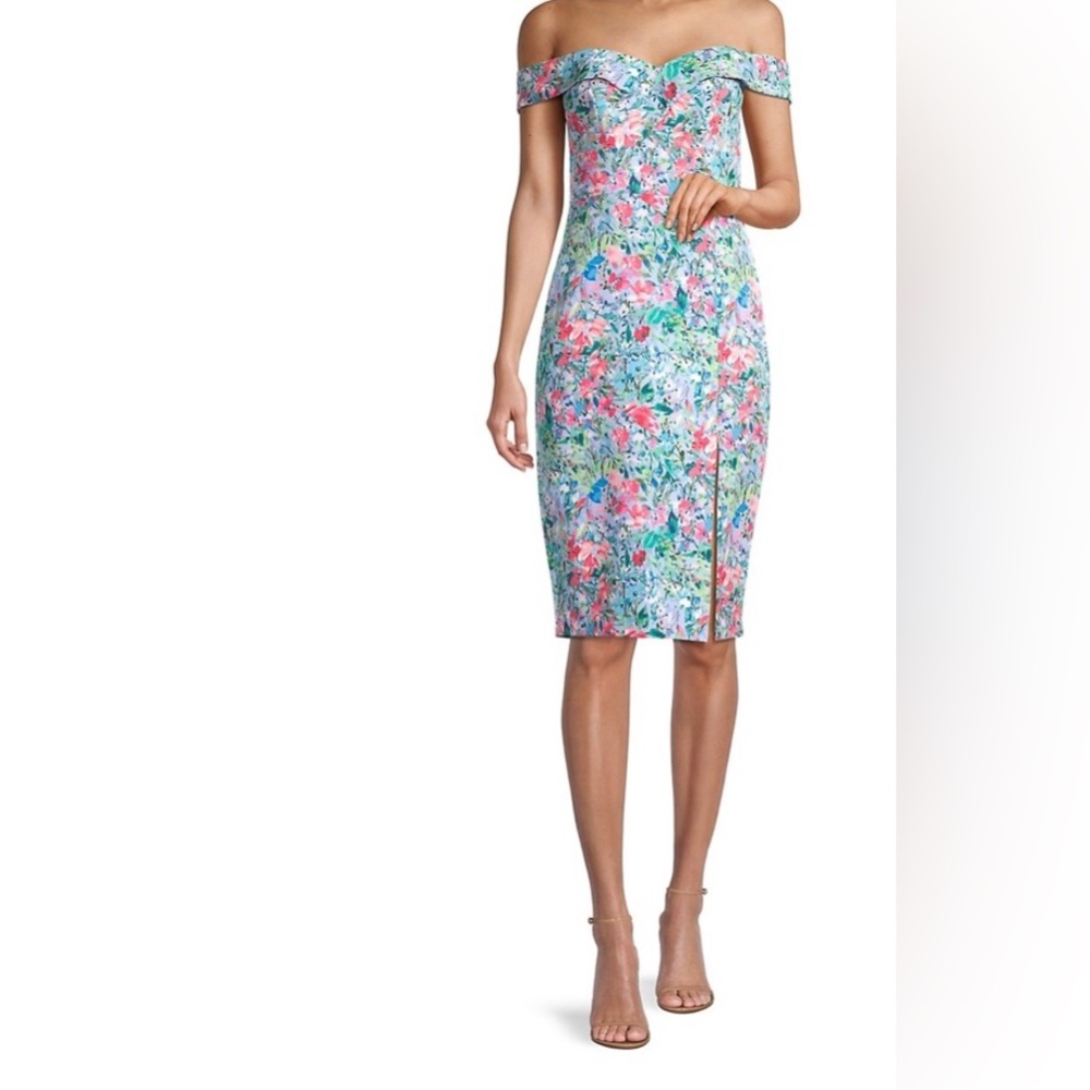 NWT Aidan Mattox - Off shoulder crepe knee length dress. New! Multi color.